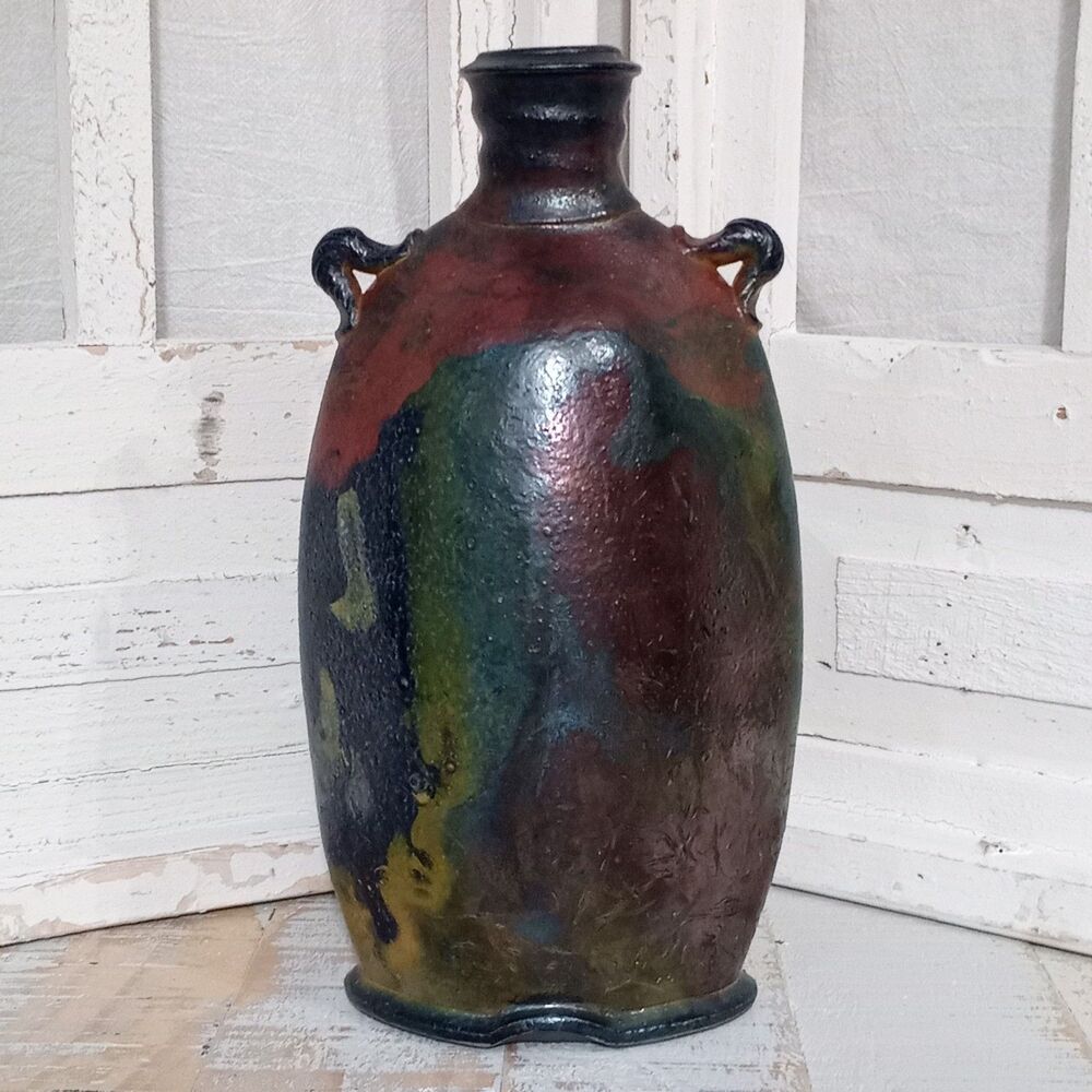 MCM Signed "Long" Raku Studio Pottery Double Handle Vase Lava Multi Color Glaze